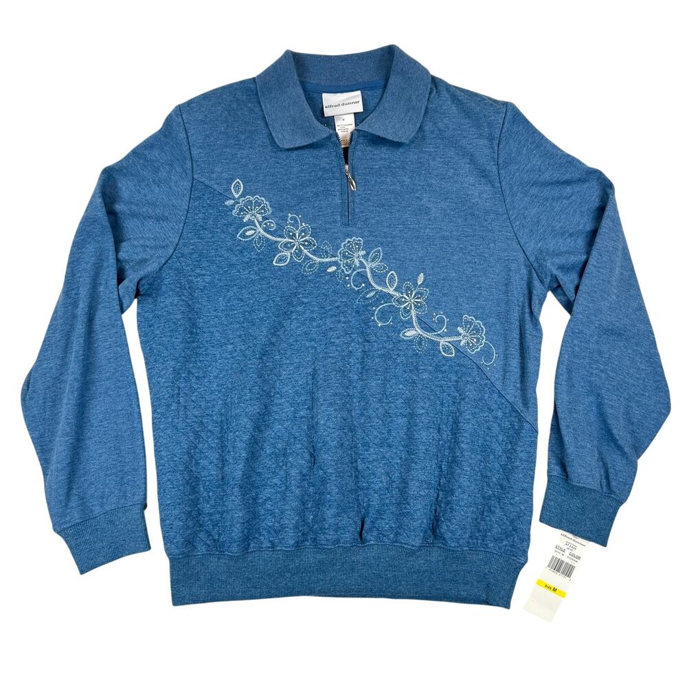 Alfred Dunner At Ease Denim Quarter Zip Pullover Womens M Quilted Blue NWT